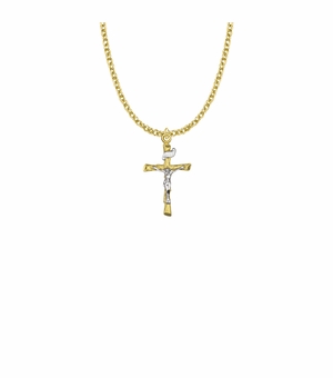 1 Inch Two-Tone 14KT Gold Plated Over Sterling Silver Wooden Log Crucifix Necklace