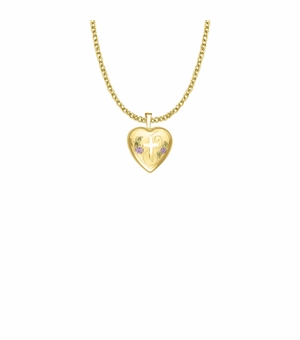 13/16 Inch 14KT Gold Plated Over Sterling Silver and Enameled Rose with Cross on Heart Locket Necklace
