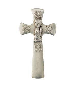 5 1/2" Fine Pewter Hand Finished Baptism Wall Cross with Praying Boy