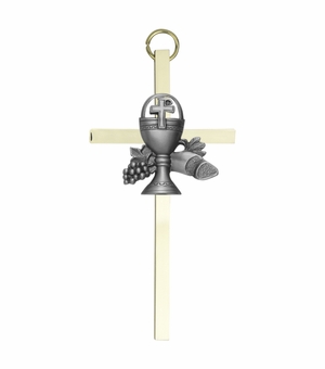 8 Inch Brass Wall Cross with Centered Pewter First Communion Chalice
